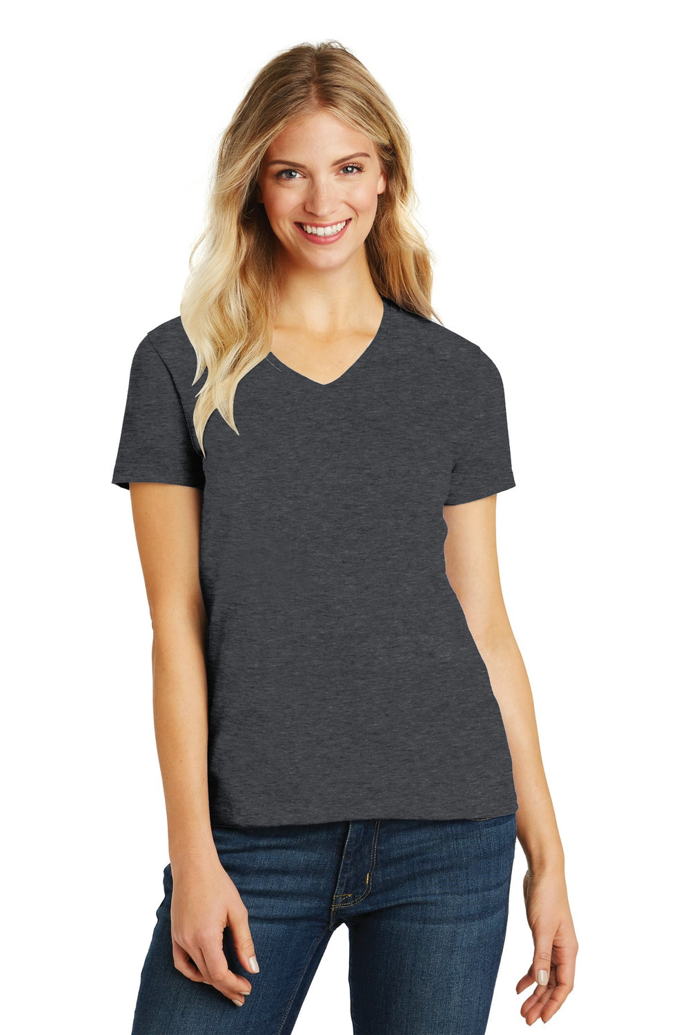 District® Women’s Perfect Blend® CVC V-Neck Tee - Heathered Charcoal - XS