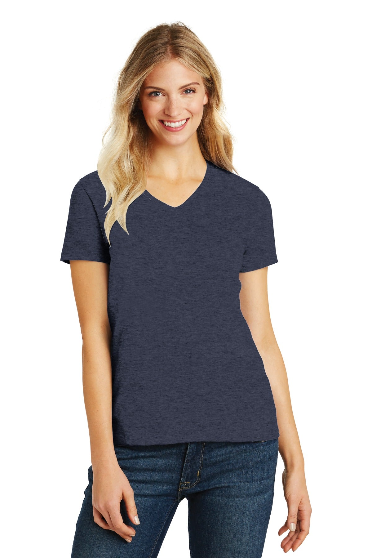 District® Women’s Perfect Blend® CVC V-Neck Tee - Heathered Navy - XS