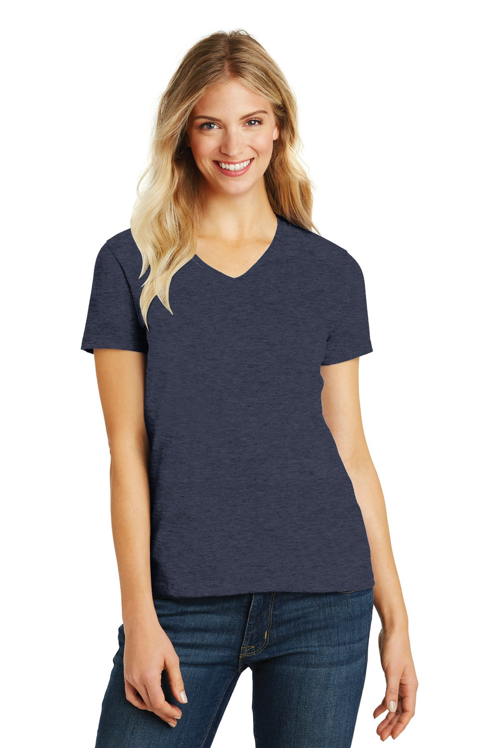 District® Women’s Perfect Blend® CVC V-Neck Tee - Heathered Navy - XS