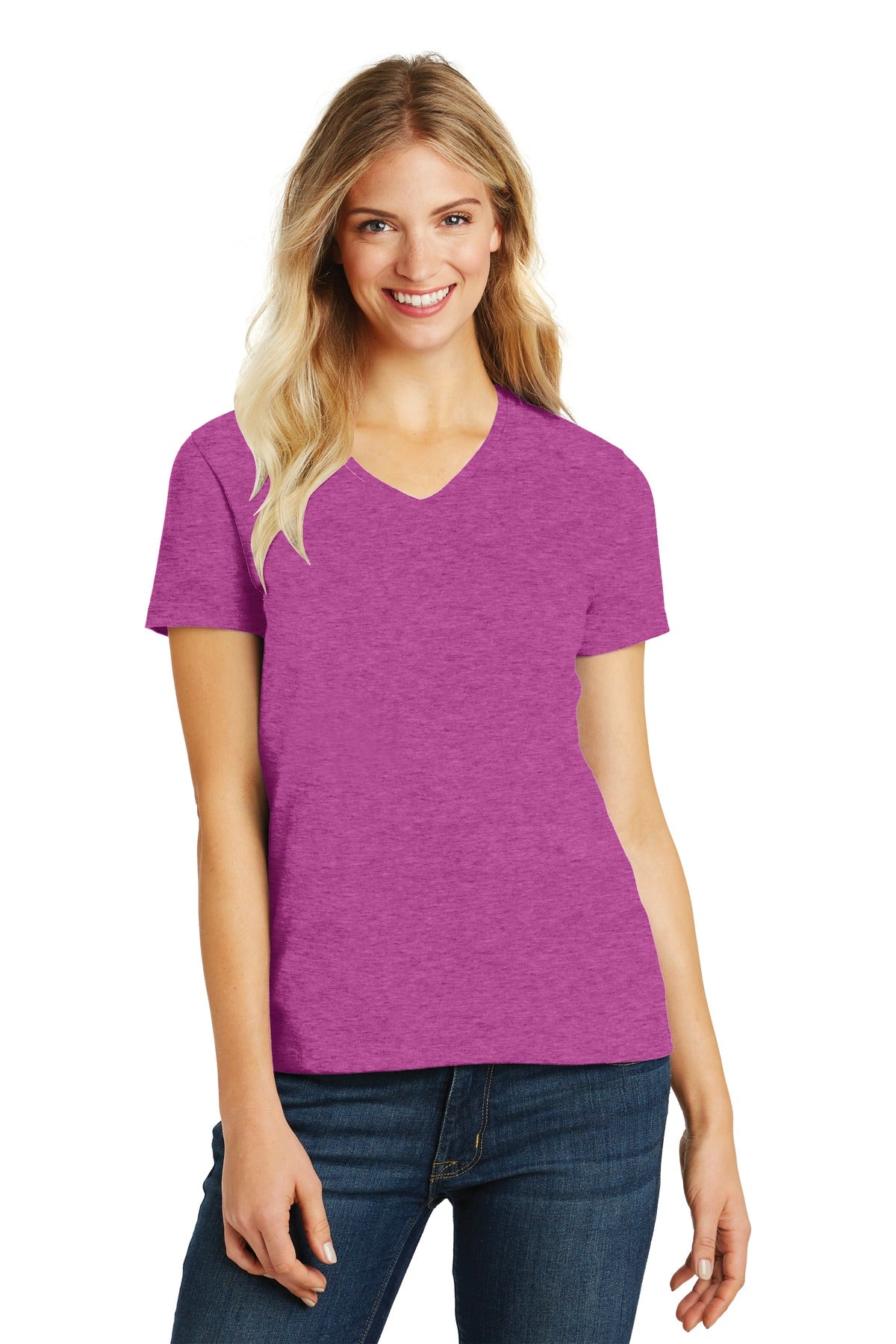 District® Women’s Perfect Blend® CVC V-Neck Tee - Heathered Pink Raspberry - XS