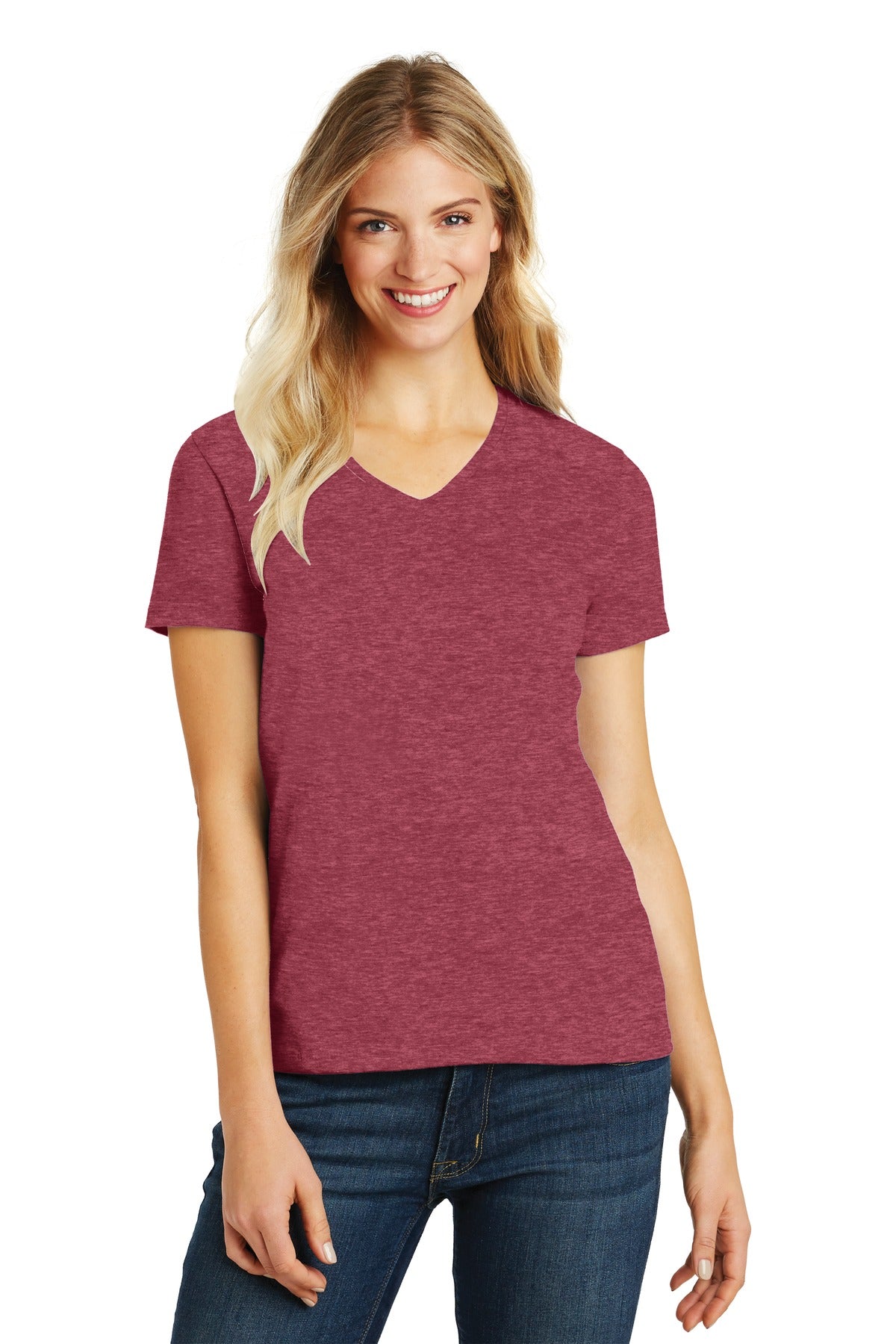 District® Women’s Perfect Blend® CVC V-Neck Tee - Heathered Red - XS