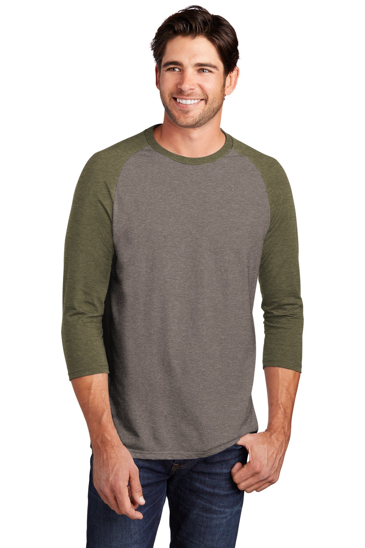 District® Perfect Tri® 3/4-Sleeve Raglan - Military Green Frost/ Grey Frost - XS