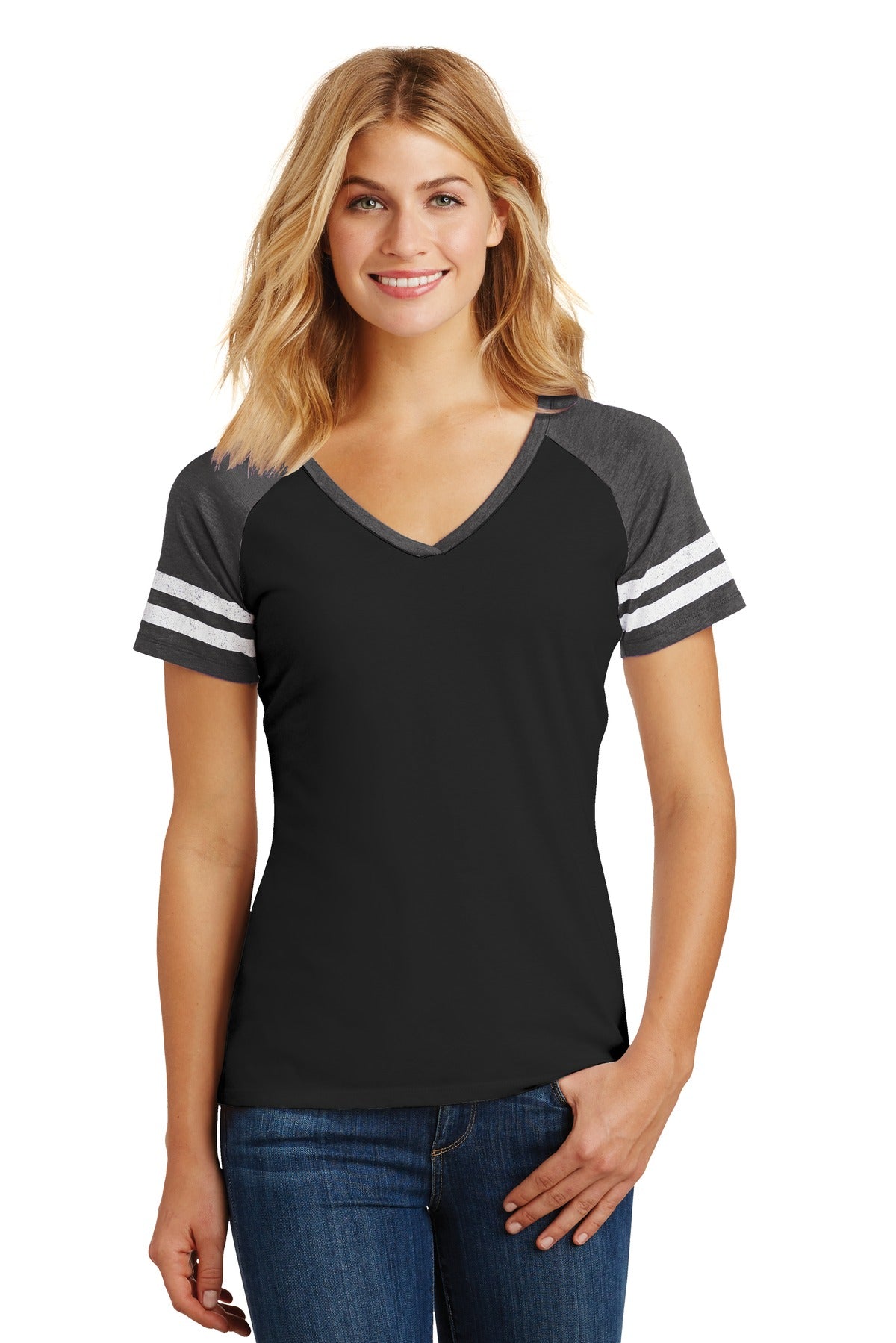District ® Women’s Game V-Neck Tee - Black/ Heathered Charcoal - XS
