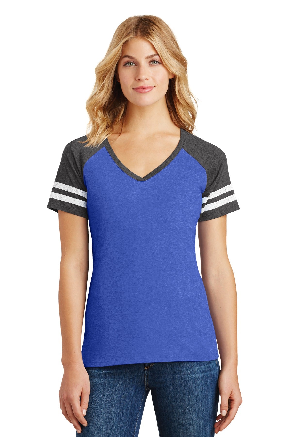 District ® Women’s Game V-Neck Tee - Heathered True Royal/ Heathered Charcoal - XS