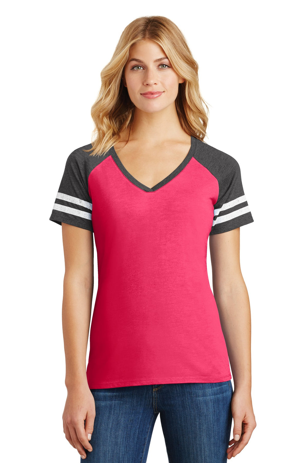 District ® Women’s Game V-Neck Tee - Heathered Watermelon/ Heathered Charcoal - XS