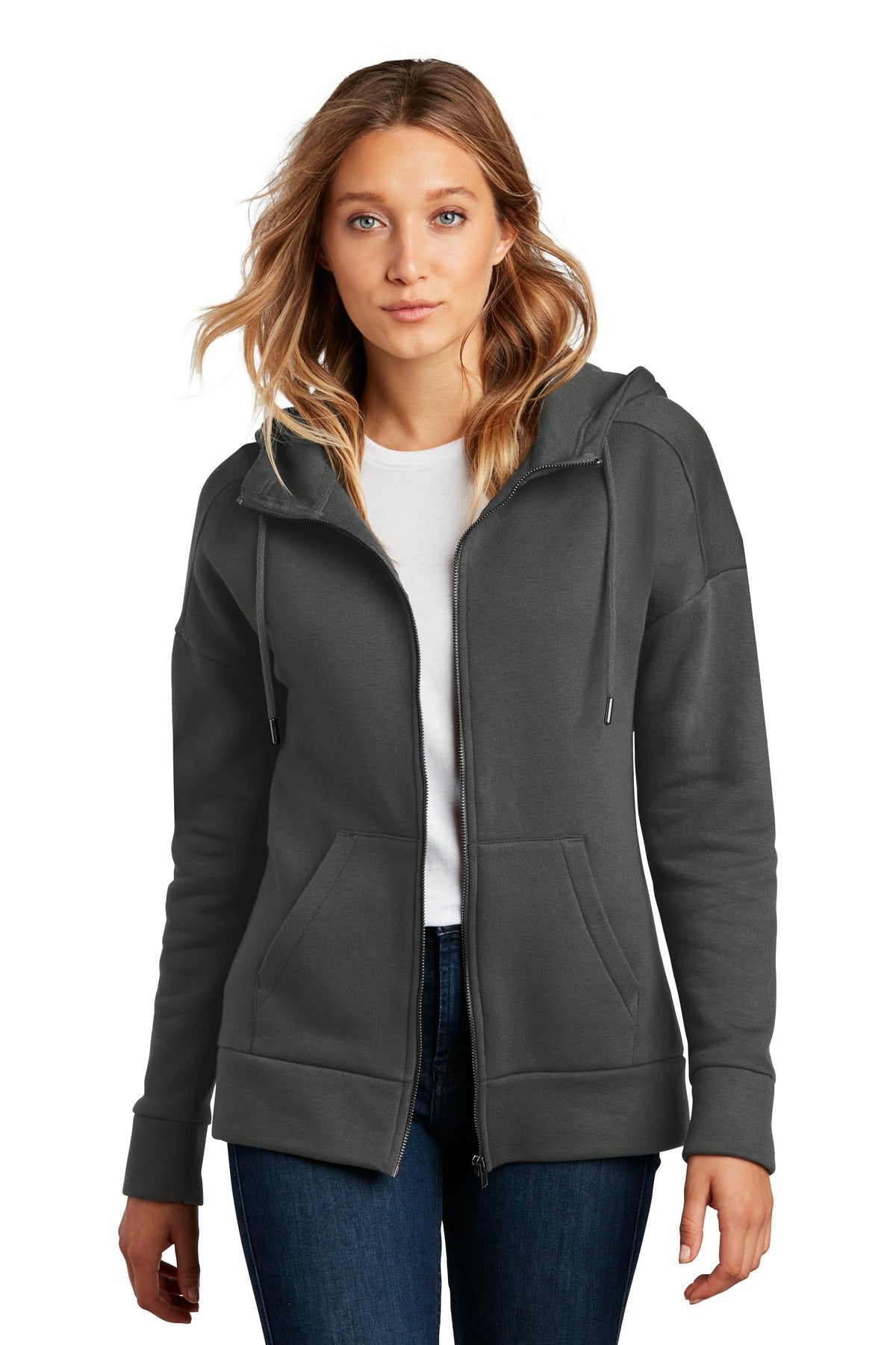 District® Women’s Perfect Weight® Fleece Drop Shoulder Full-Zip Hoodie - Charcoal - XS