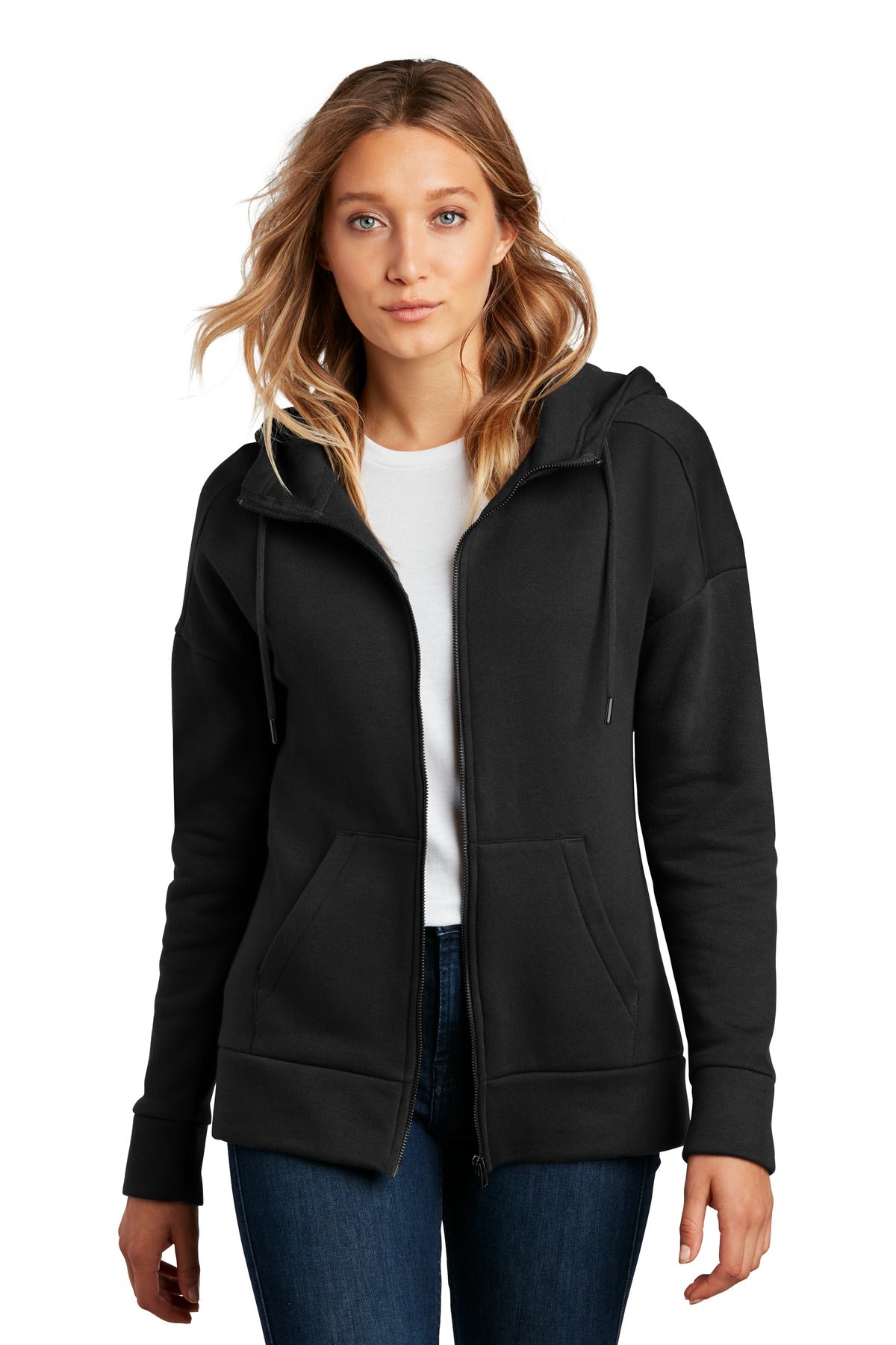 District® Women’s Perfect Weight® Fleece Drop Shoulder Full-Zip Hoodie - Jet Black - XS