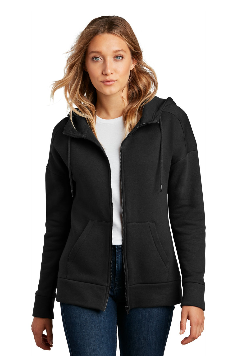 District® Women’s Perfect Weight® Fleece Drop Shoulder Full-Zip Hoodie - Jet Black - XS