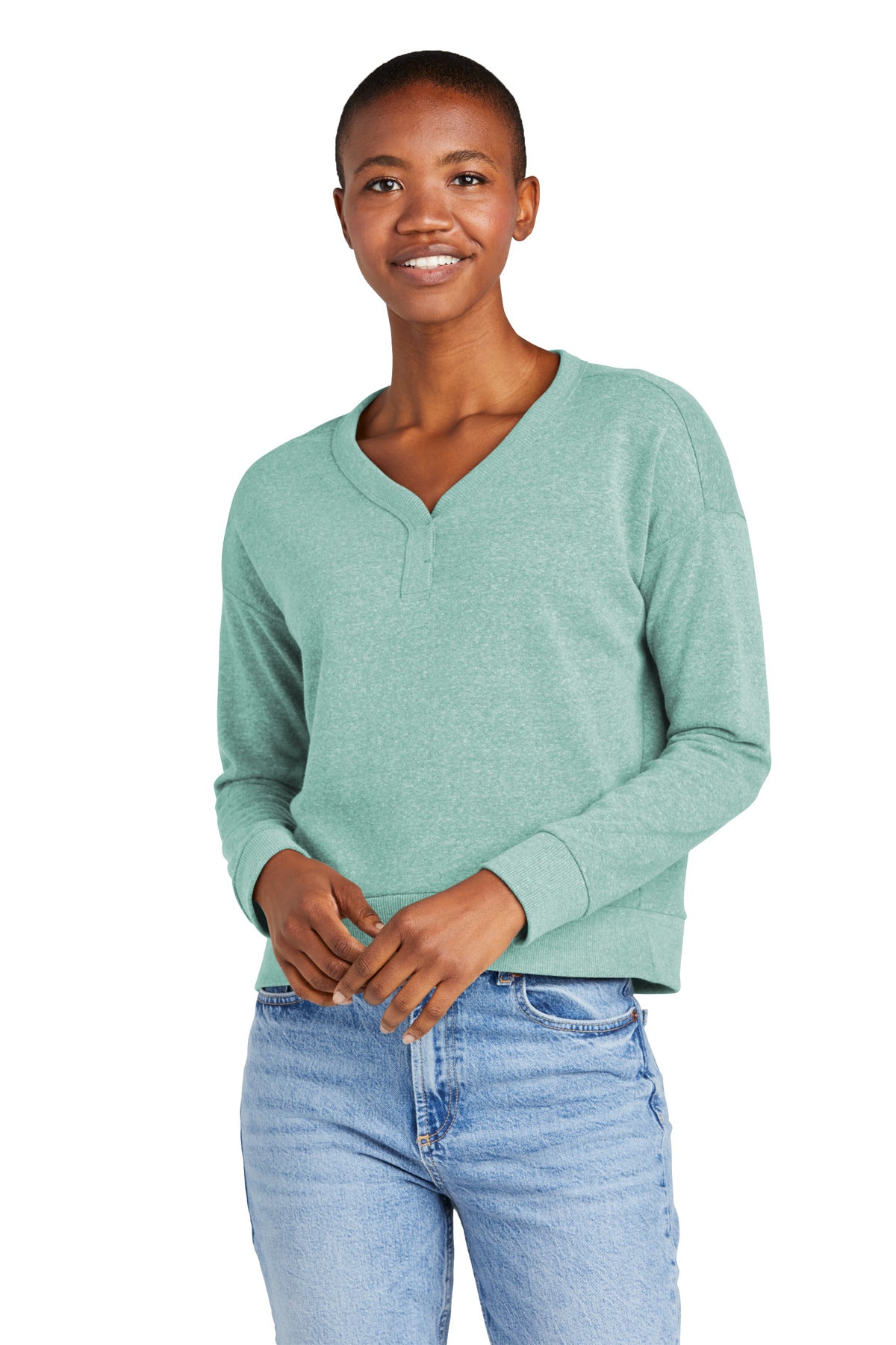 District® Women’s Perfect Tri® Fleece V-Neck Sweatshirt - Heathered Eucalyptus Blue - XS