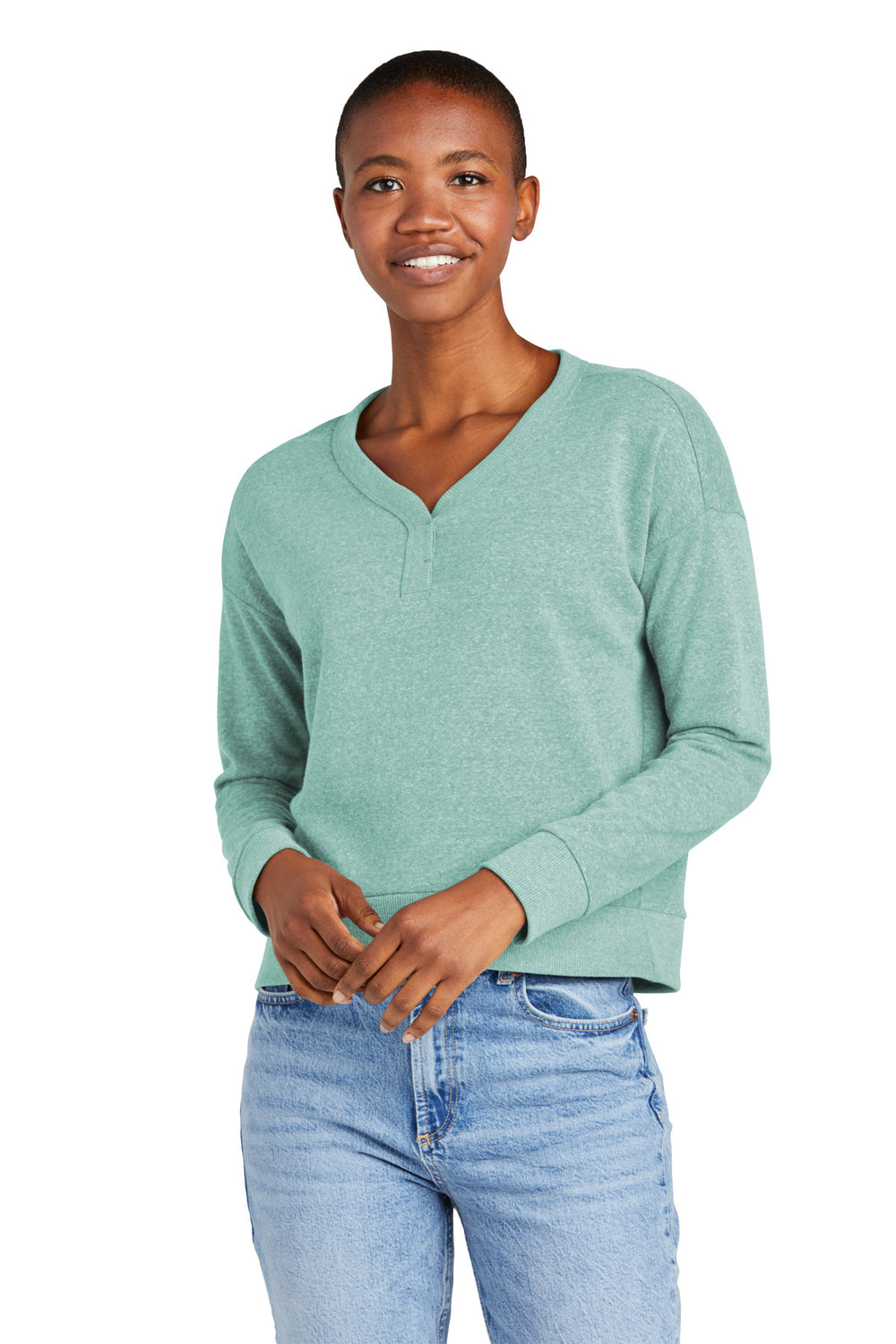 District® Women’s Perfect Tri® Fleece V-Neck Sweatshirt - Heathered Eucalyptus Blue - XS