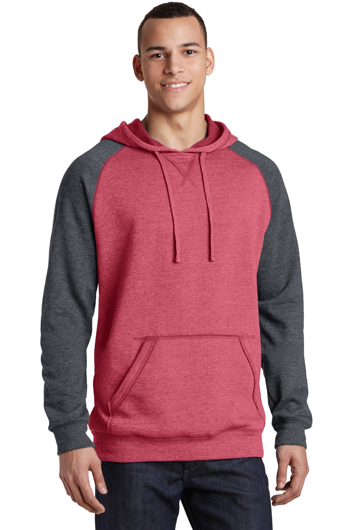 District® Lightweight Fleece Raglan Hoodie - Heathered Red/ Heathered Charcoal - XS