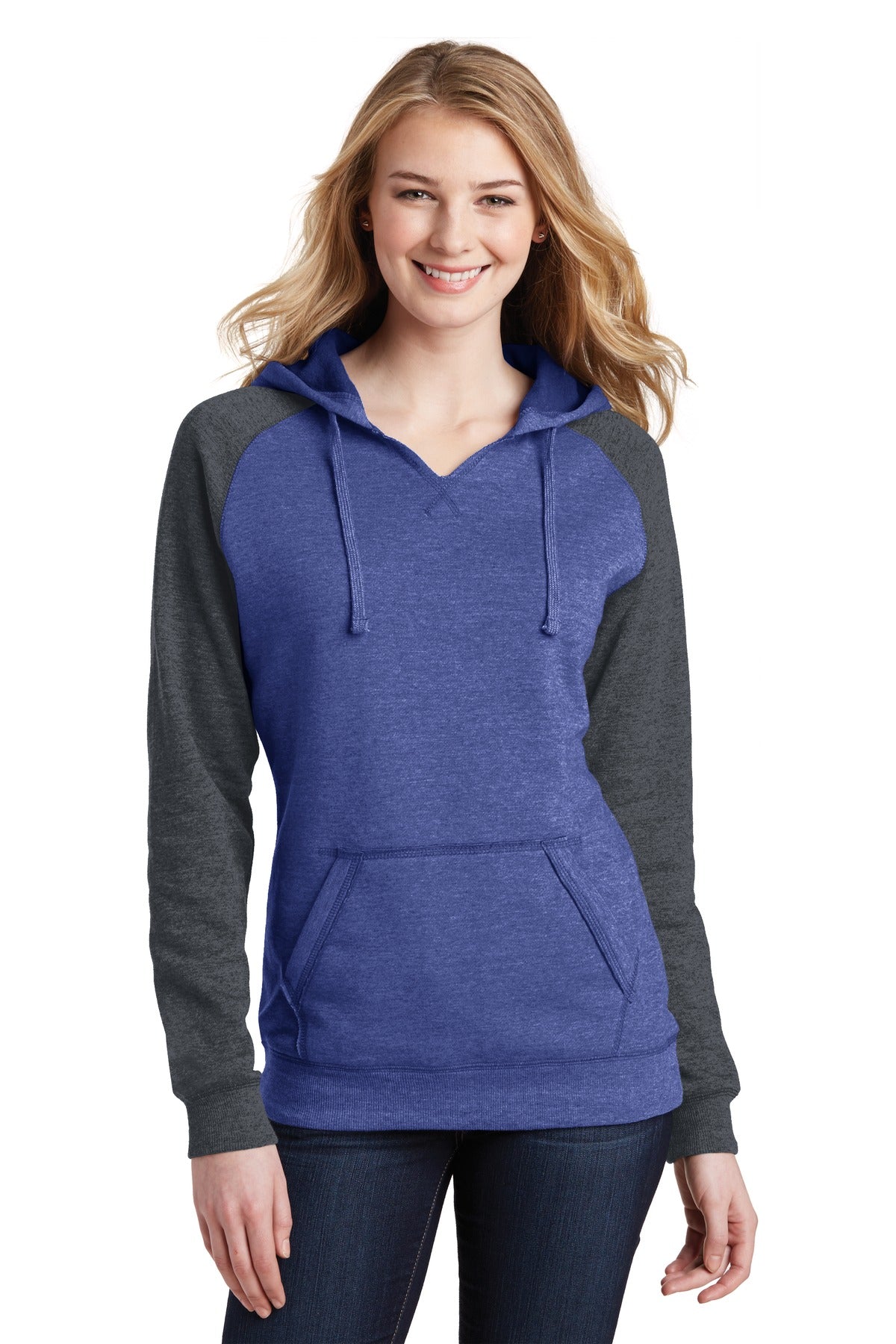 District ® Women’s Lightweight Fleece Raglan Hoodie - Heathered Deep Royal/ Heathered Charcoal - XS