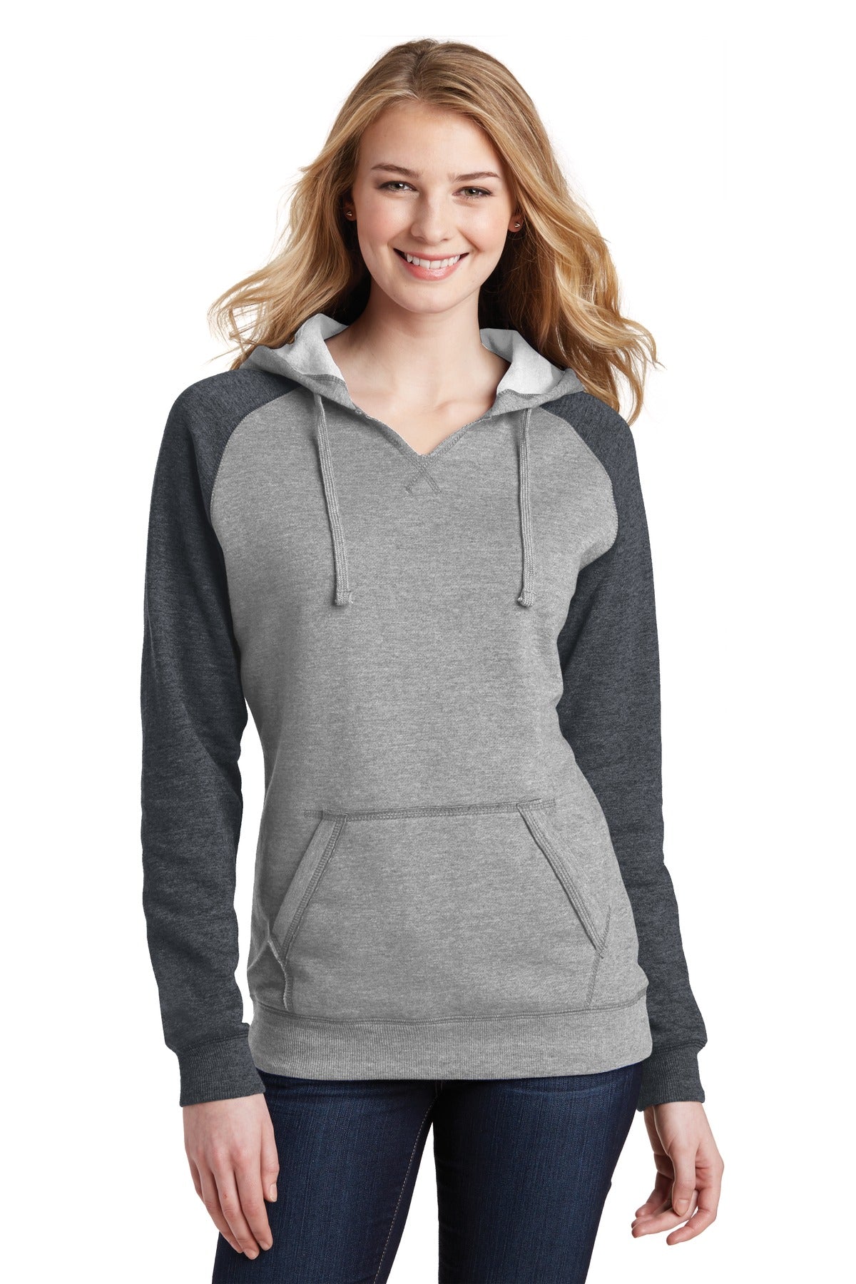 District ® Women’s Lightweight Fleece Raglan Hoodie - Heathered Grey/ Heathered Charcoal - XS