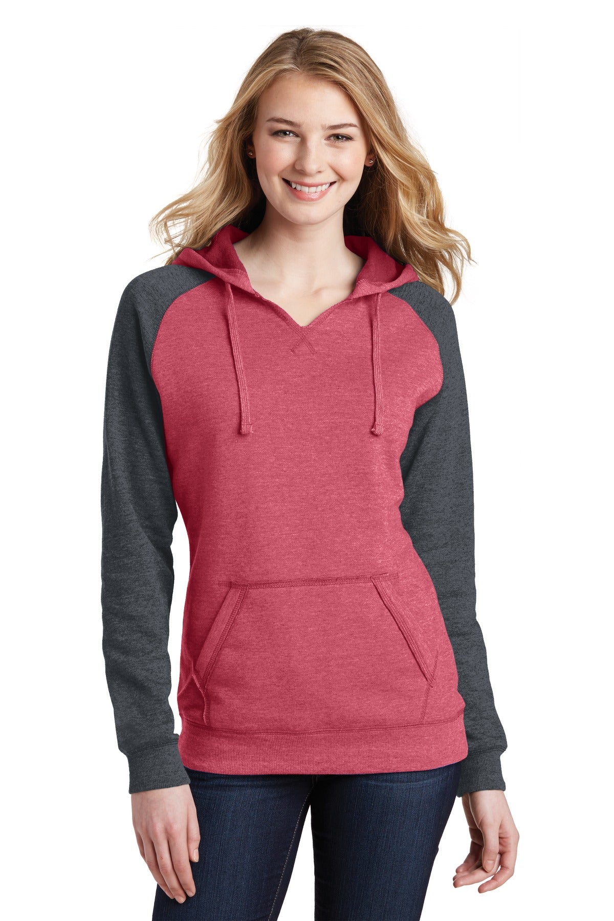 District ® Women’s Lightweight Fleece Raglan Hoodie - Heathered Red/ Heathered Charcoal - XS
