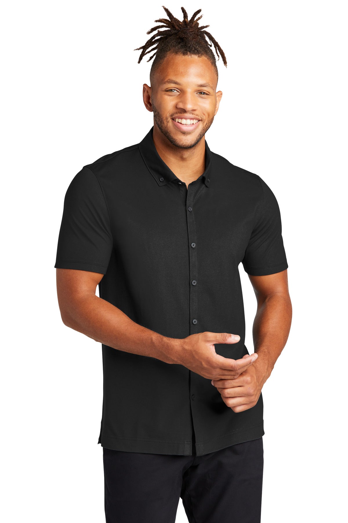 Mercer+Mettle® Stretch Pique Full-Button Polo - Deep Black - XS