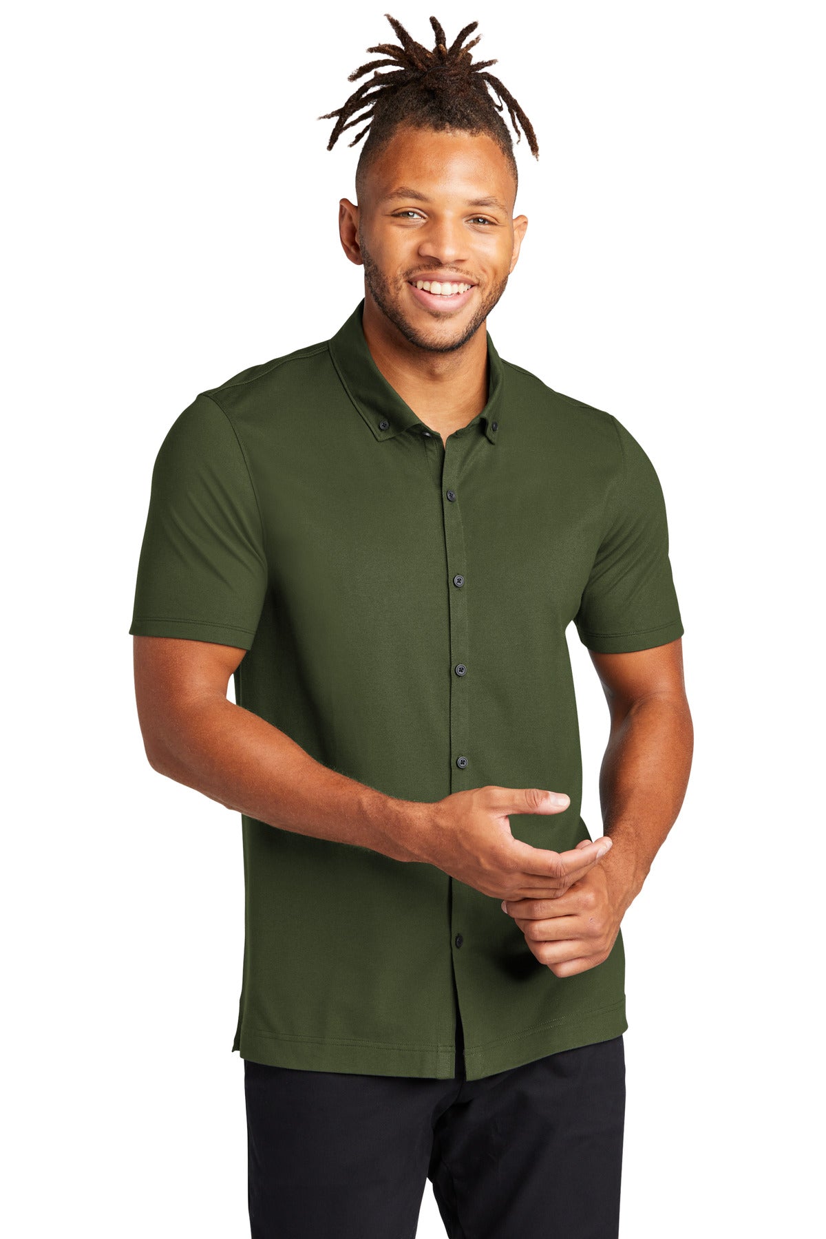 Mercer+Mettle® Stretch Pique Full-Button Polo - Townsend Green - XS